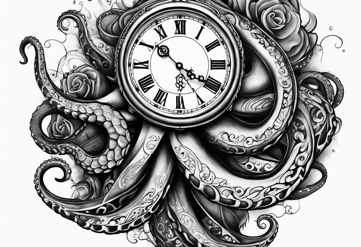 pocket watch wrapped under an aggressive octopus, side perspective tattoo idea