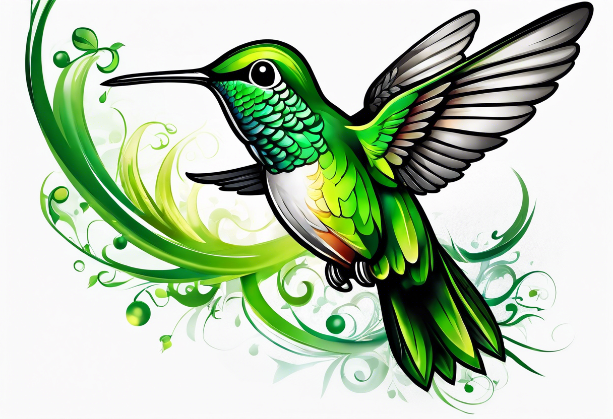 green hummingbird very small in flight ready to drink tattoo idea