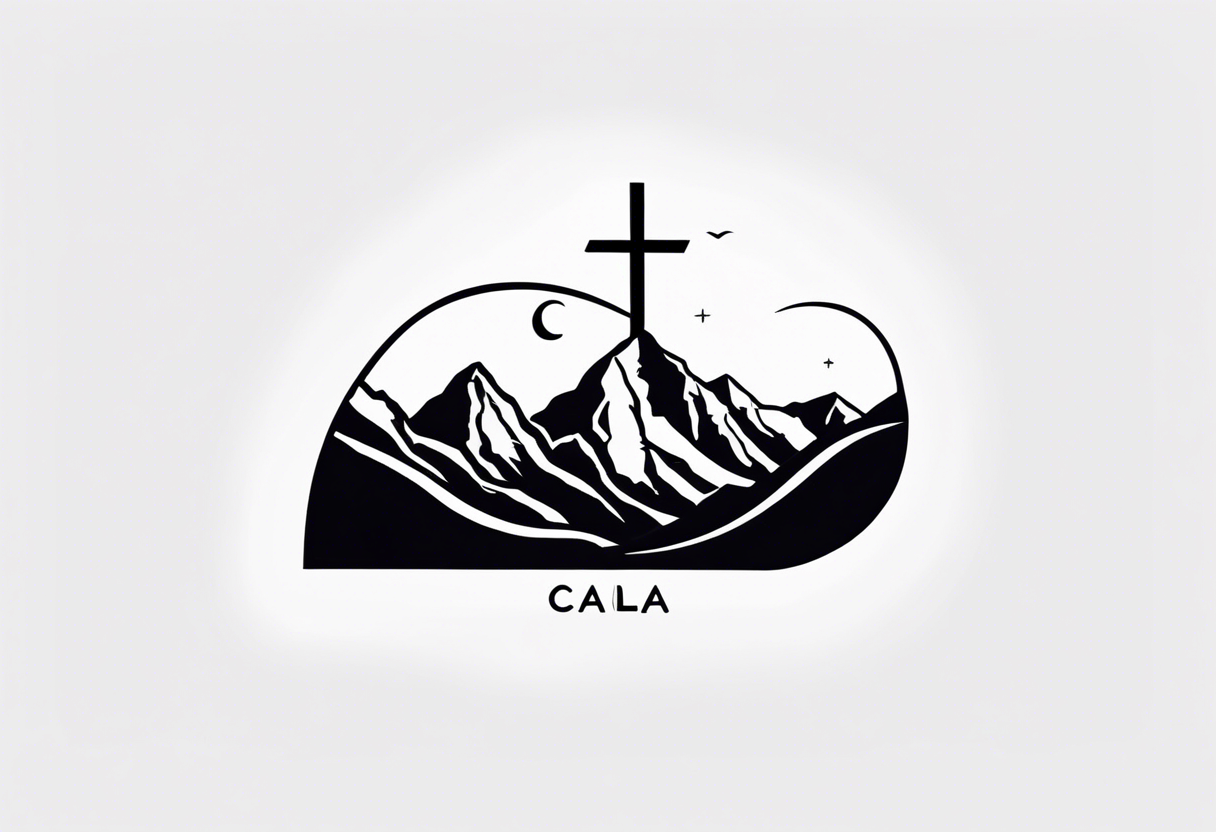 Sideways thin cross with Mountains and the word "Cala" that is simple and small tattoo idea