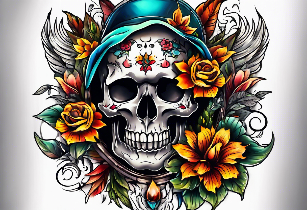 Old school center Knee tattoo with realistic skull, various flowers, water and fall colors tattoo idea