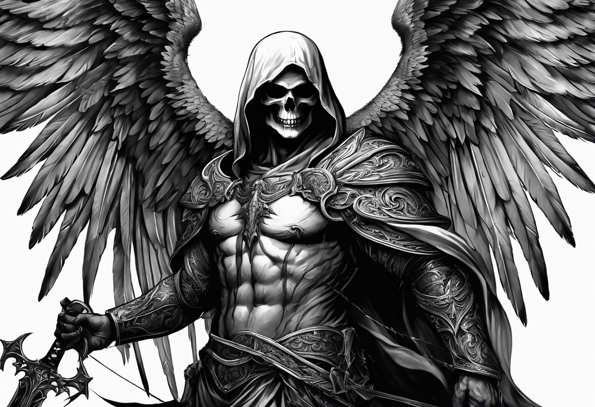 realistic full body of man angel of death, without face, holding sword tattoo idea