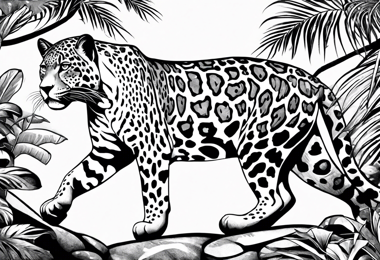 Create and black and grey realistic jaguar walking toward you with rainforest background for a forearm tattoo. Have the jaguars eye colored with emerald green and mouth open tattoo idea