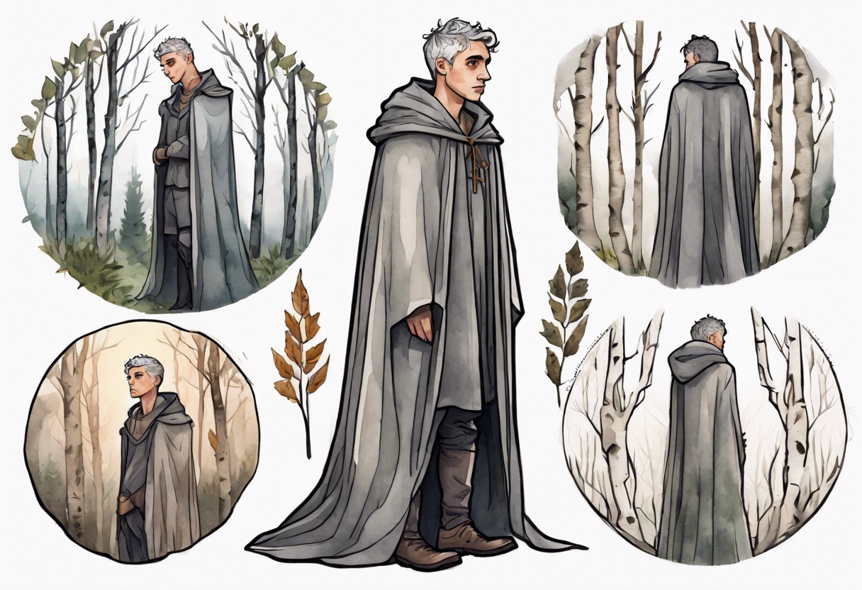 a sad Tan France wearing a grey medieval cloak standing in a birch forest tattoo idea