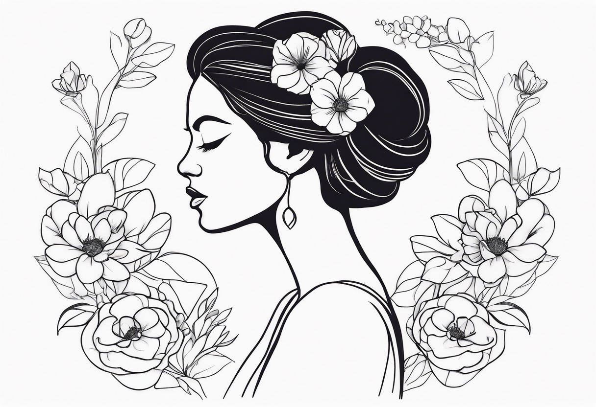 fine line tattoo with woman with flowers growing out of her head tattoo idea