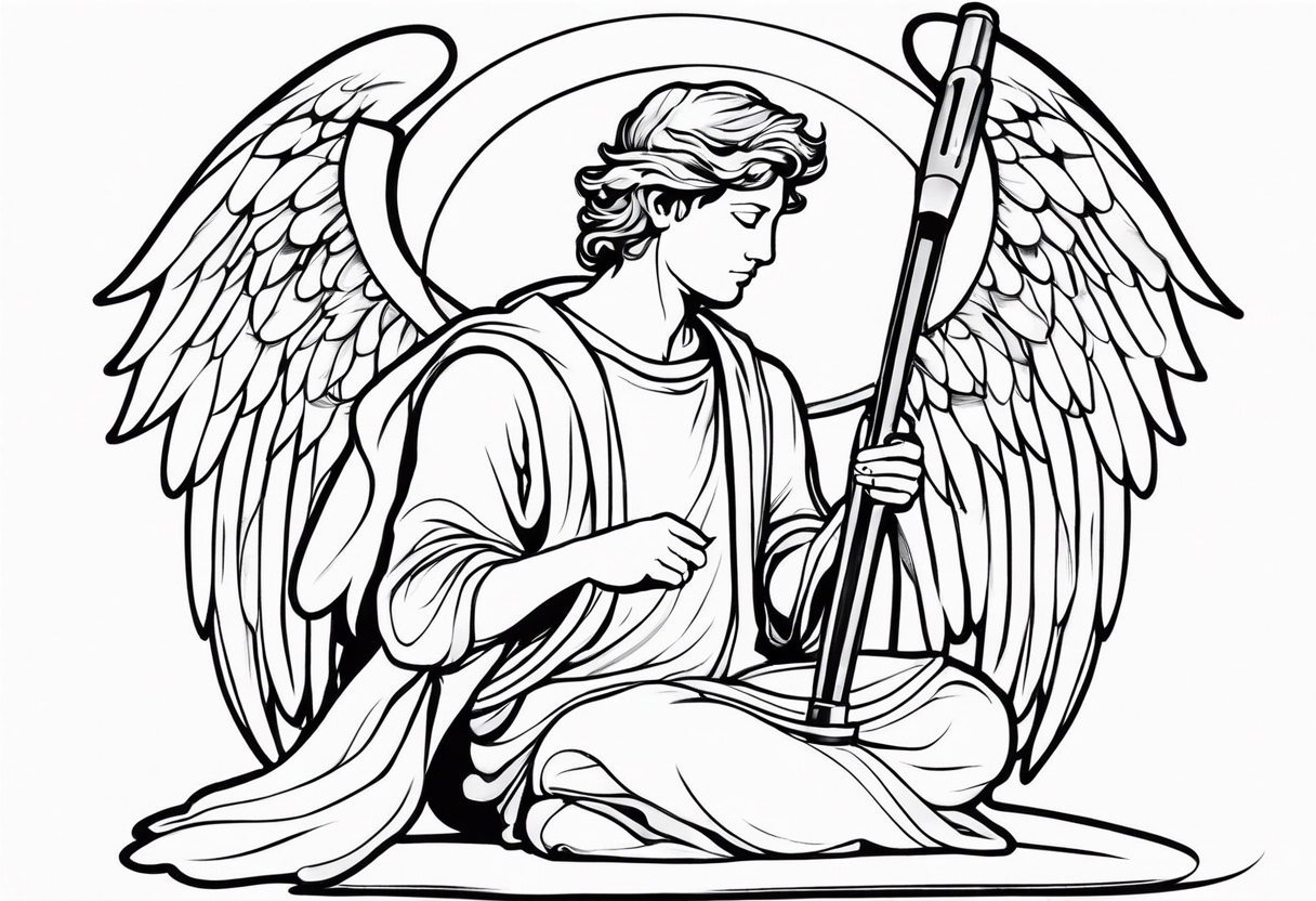 male angel with a halo sitting peacefully holding a modern fishing rod tattoo idea