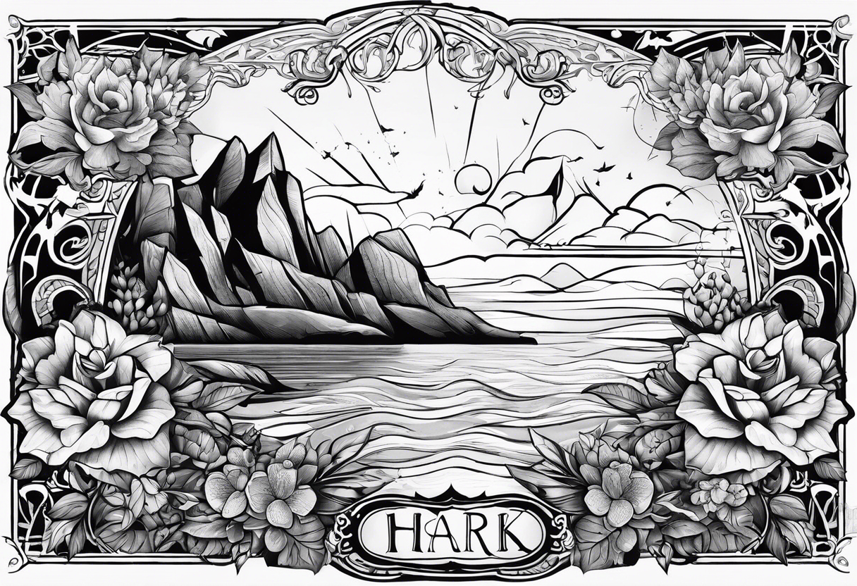 A tattoo with the word "HARK" include images related to rock climbing, traveling, and lakes. Do not include flowers. tattoo idea