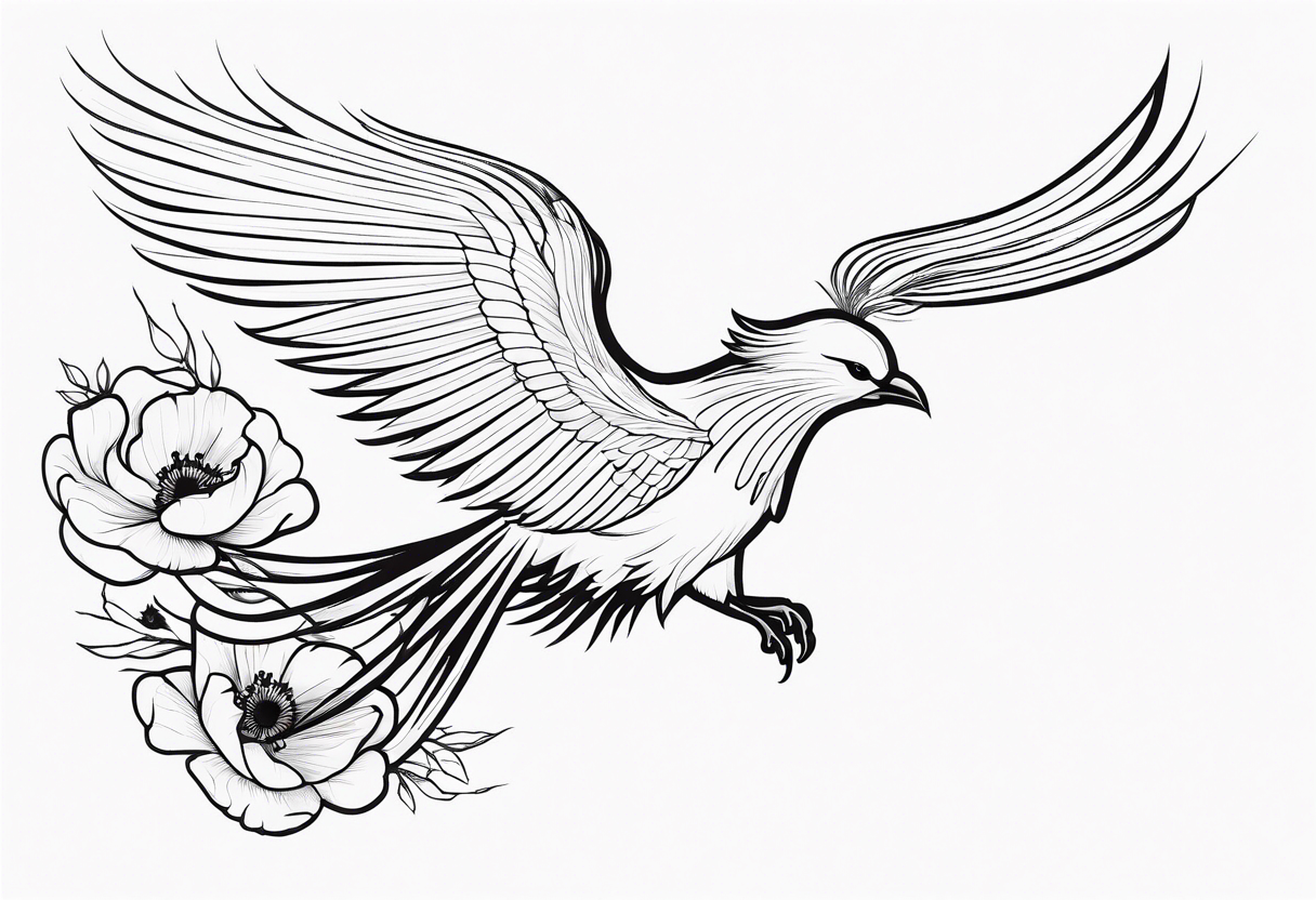 outline of phoenix in flight 
in profile long tail with claws holding poppies falling tattoo idea