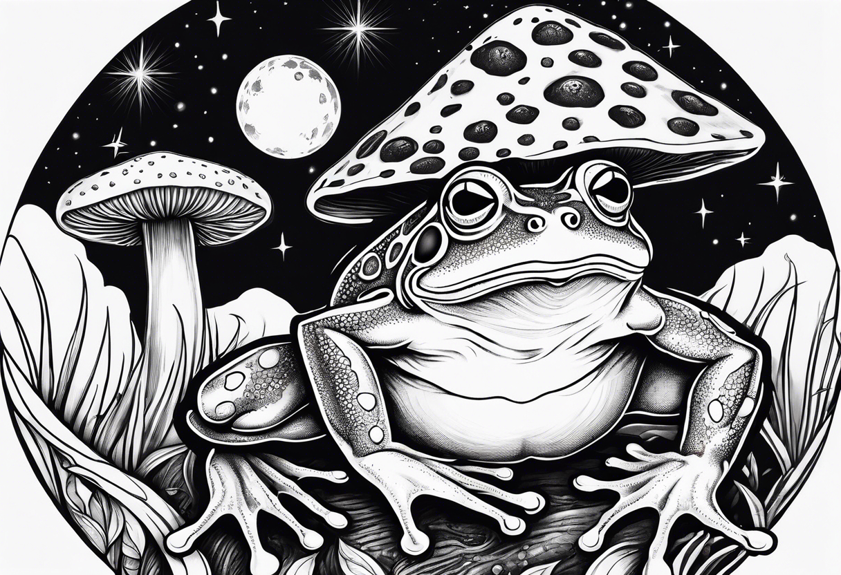 dancing humanoid frog under the moon mushroom in the Background mystical tattoo idea