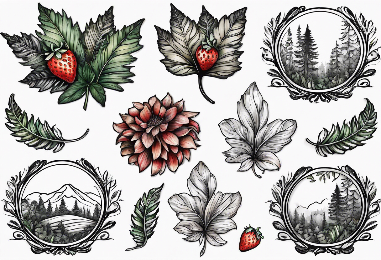 forest floor inspired realistic tattoo, which includes grass, curly ferns and dead leaves as the bulk of the tattoo. details to include: three very tiny strawberries, a tiny bumblebee flying nearby tattoo idea