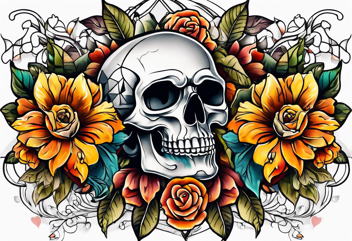 Old school center Knee tattoo with realistic skull, various flowers, water and fall colors tattoo idea