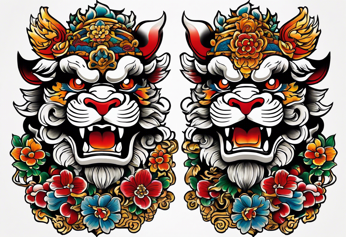 Pair of Okinawa shisa on chest. 1980s Yakuza style. Simple tattoo idea