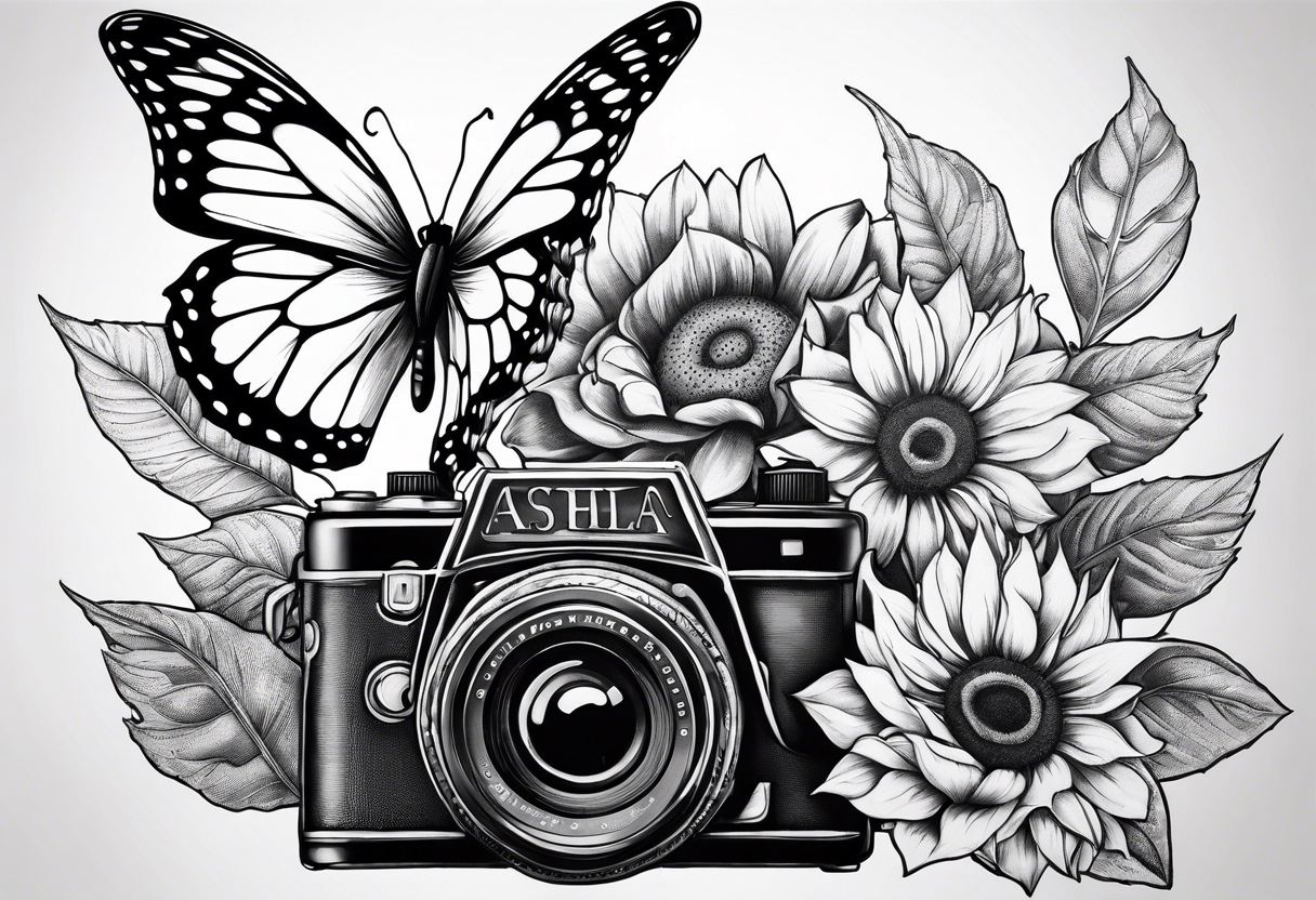 Butterfly, sunflower, camera, book,  flower rose tattoo idea