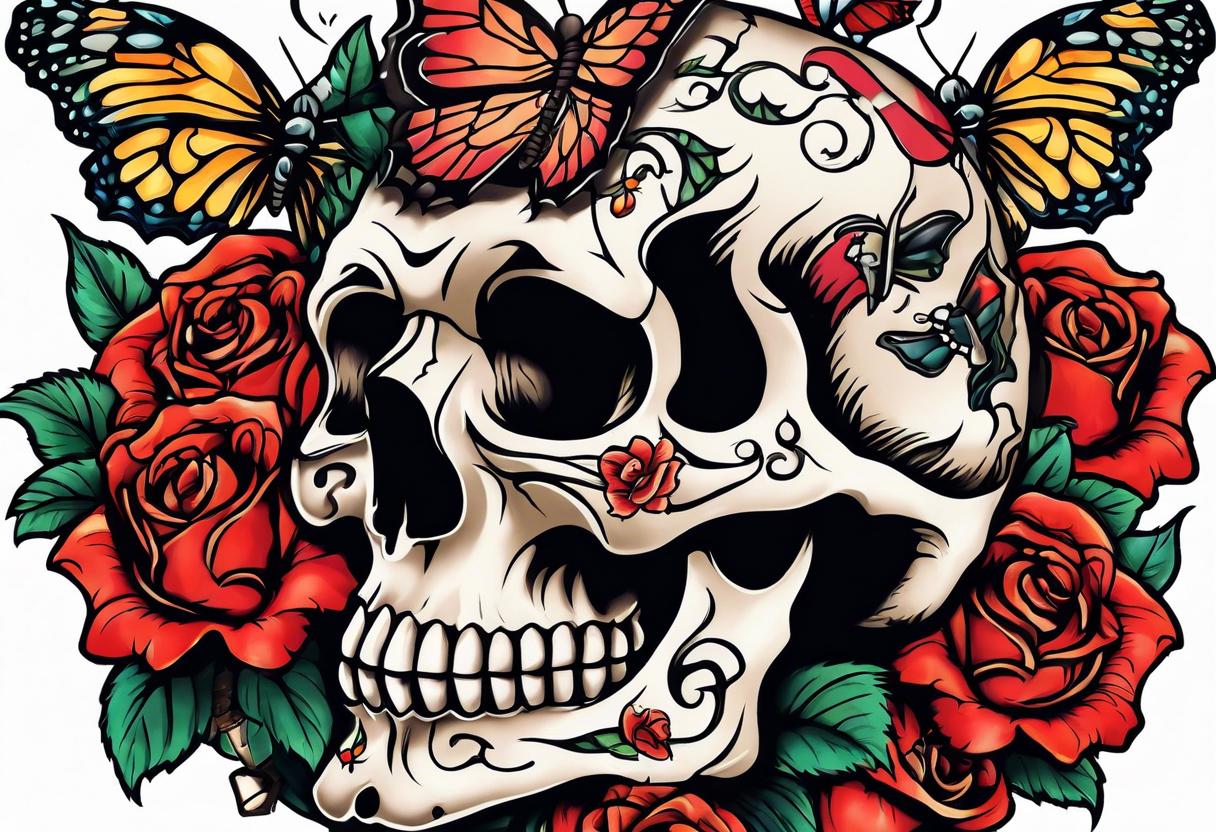 sailor jerry with skulls roses and butterflies tattoo idea