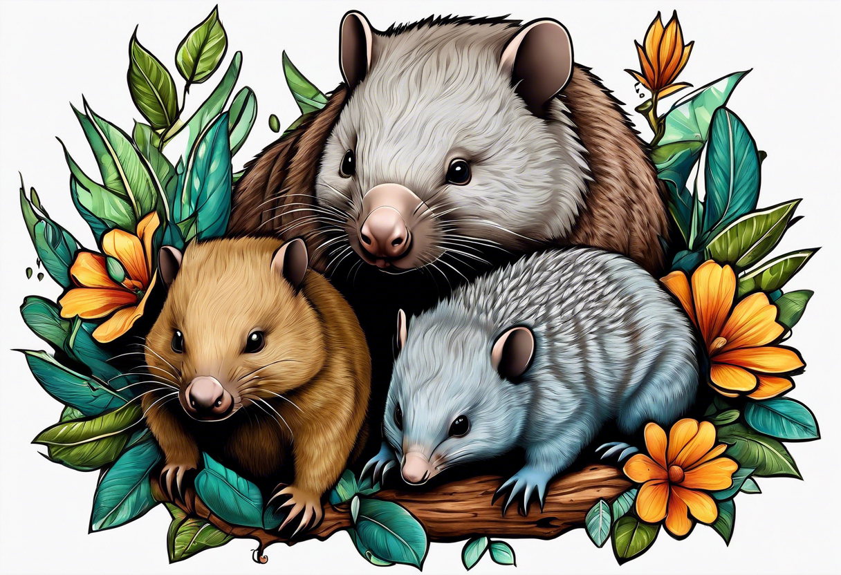 Wombat with a Platypus, an Echidna & a Sugar Glider tattoo idea