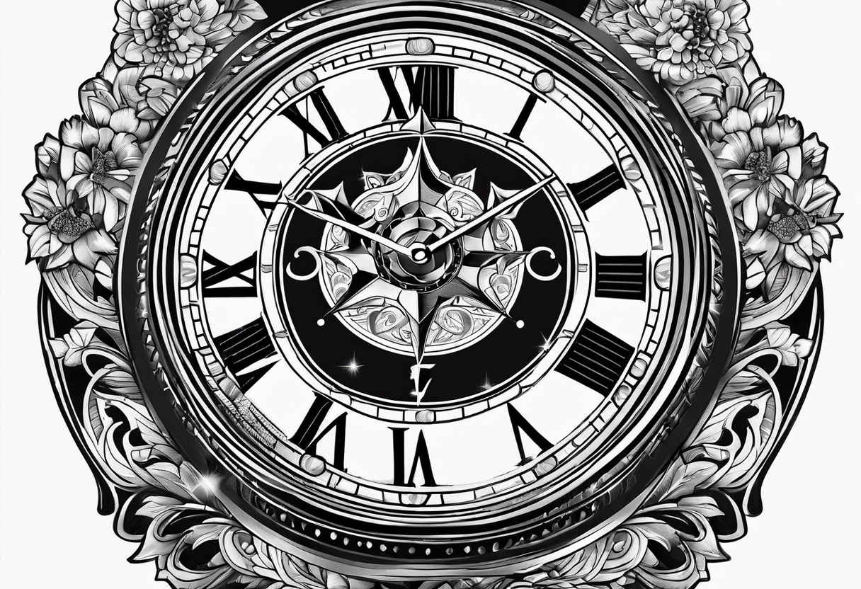 Antique watch surrounded stars tattoo idea