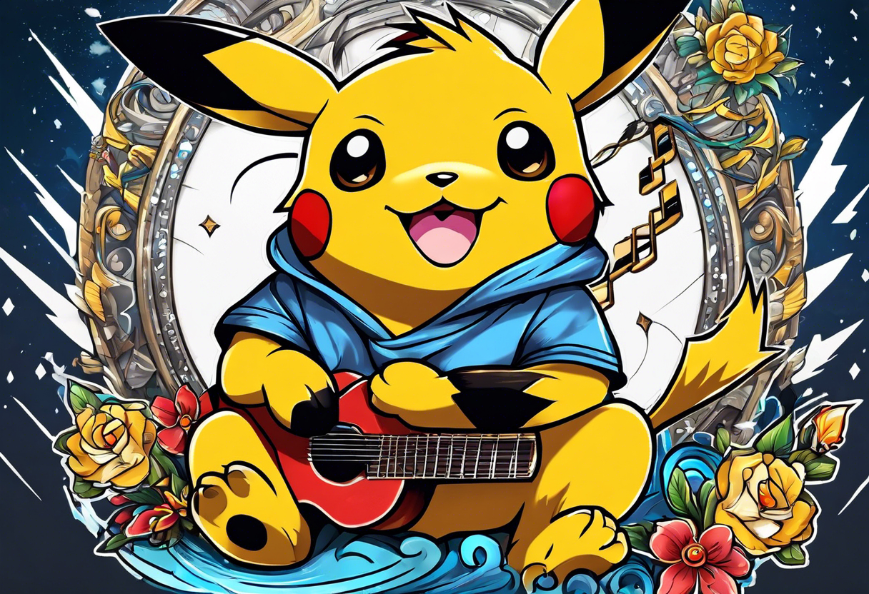 pickachu sitting with a lion listening to music with music notes and thunder bolts tattoo idea