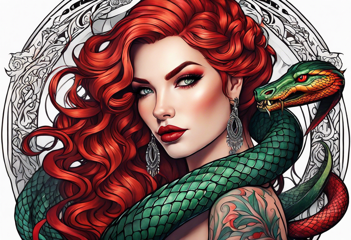 Lilith with red hair and serpent tattoo idea