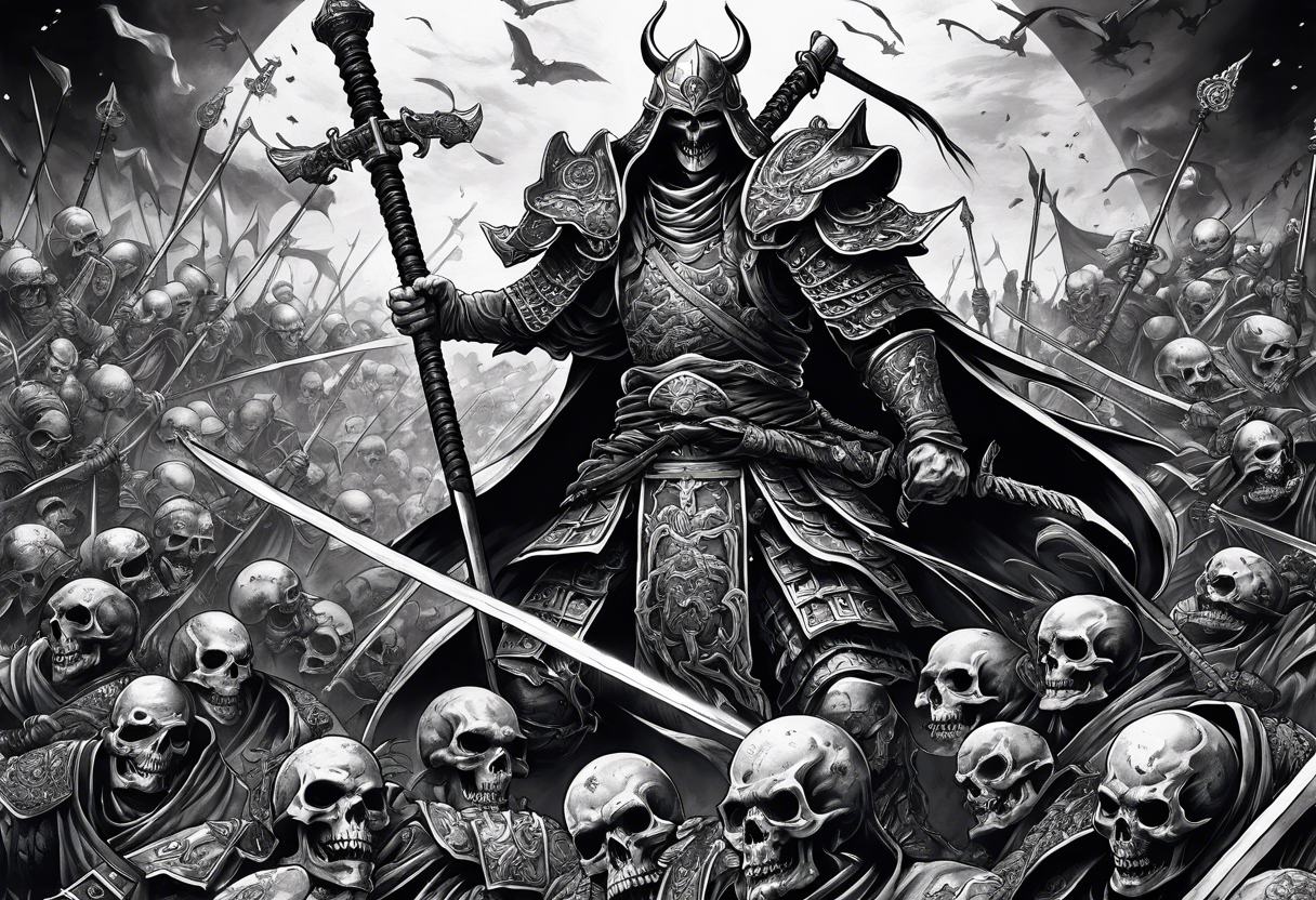 Necromancer lich raising an army of the dead from dead samurai warriors on a battlefield tattoo idea