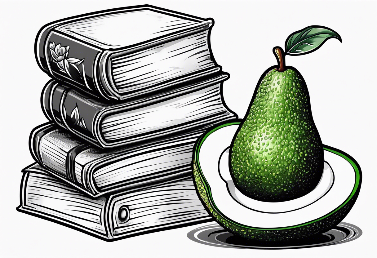 An avocado cartoon  drinking wine and reading a book tattoo idea