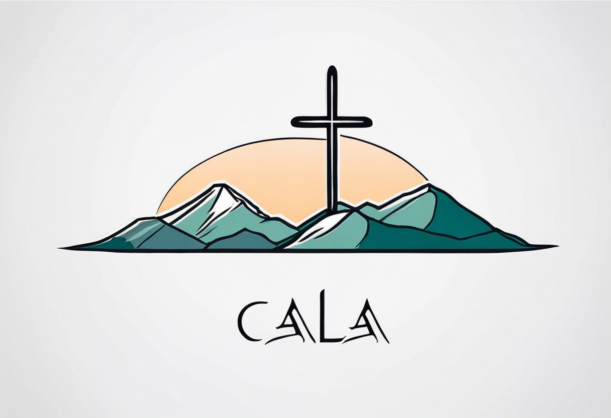 Sideways thin cross with Mountains and the word "Cala" that is simple and small tattoo idea