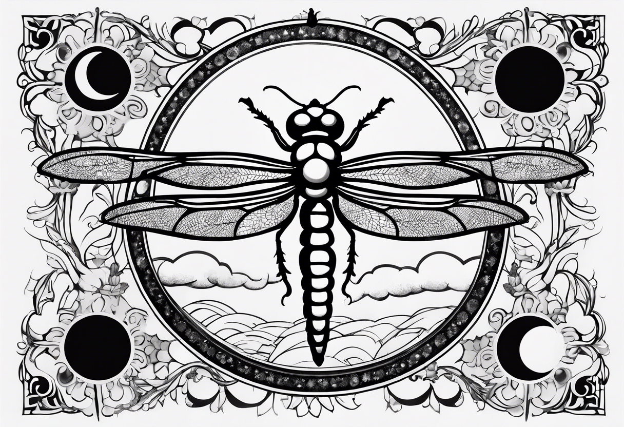 Moon phases with small dragonfly vertical tattoo idea