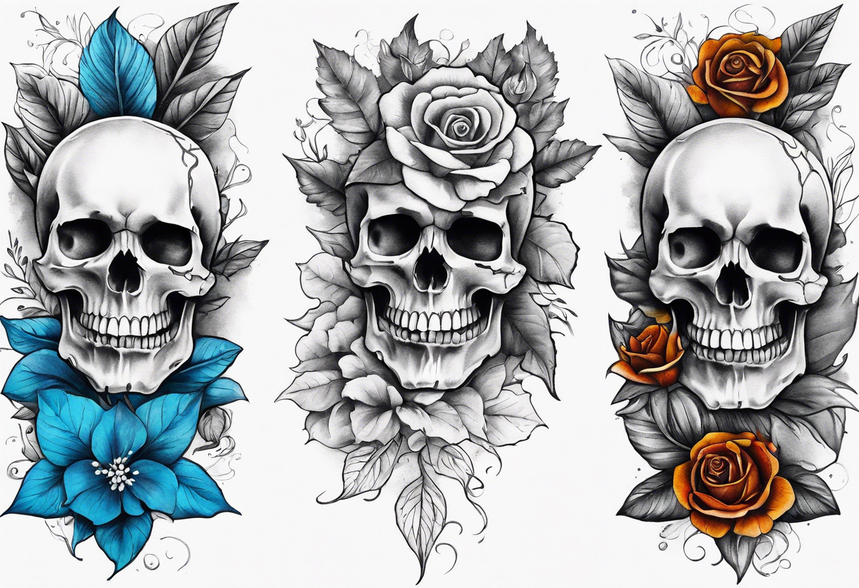 Front knee tattoo with fall colors, small flowers, rose, devil skull, leaves, blue water flows with washes and background Powell Peralta tattoo idea