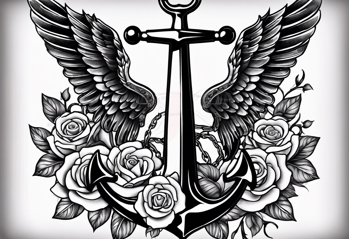 An anchor with a large S through the anchor. Angle wings on the left and right side. Roses below the anchor. Waves in the back ground tattoo idea