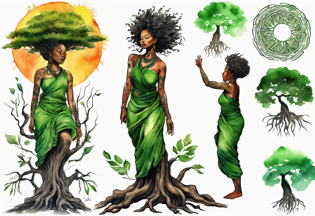 a tree trunk with roots that is a black woman from the waist up, feet made of tree roots, wearing a green tunic, arms stretched upwards towards the blazing sun tattoo idea