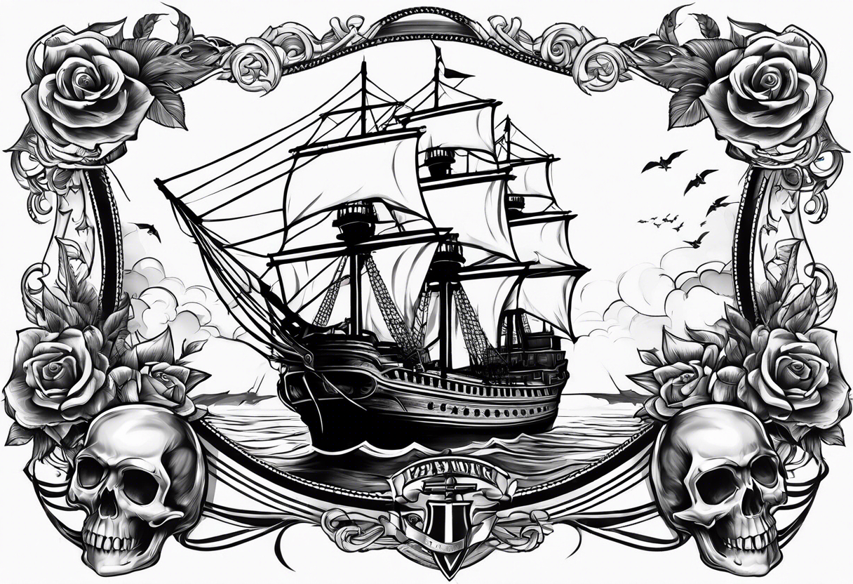 patriotic banner with skulls and ships tattoo idea