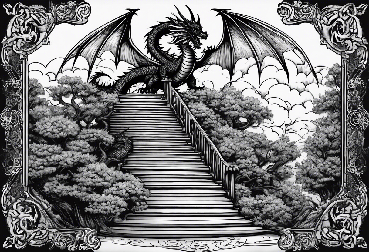 in vertical line, a dragon coming up on stairs that are a tree at the top with an angel, with the words "One day at a time" and date 4.14.24 tattoo idea