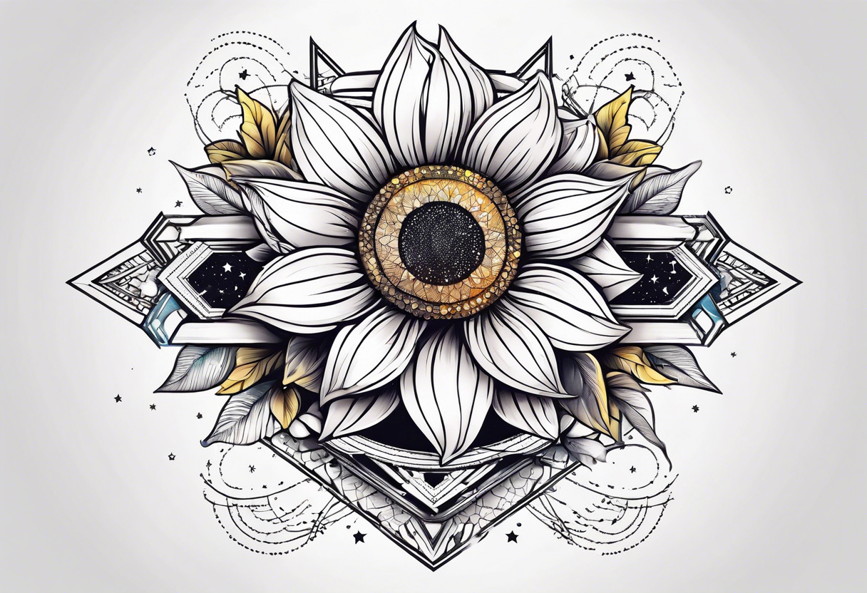 elegant tattoo with a small sunflower surrounded by cosmic stars and arrow tattoo idea