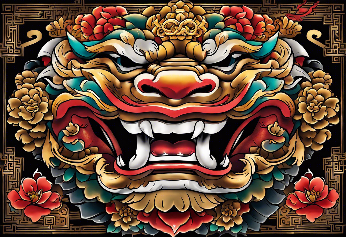 Double chest piece, done in Neo Japanese style of Okinawa shisa. On one side is the male with his mouth open, and the other side, the female with her mouth closed. tattoo idea