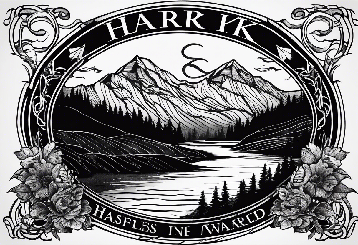 a road that is less traveled with a mountain and lake with the word "Hark" in a banner in a circle tattoo idea