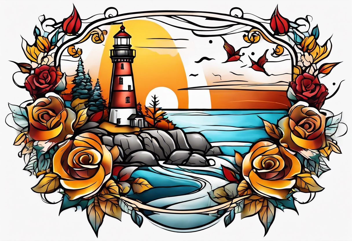 thigh tattoo in fall colors, showing lighthouse, water flow around rocks, sky, clouds, leaves, roses and no trees tattoo idea