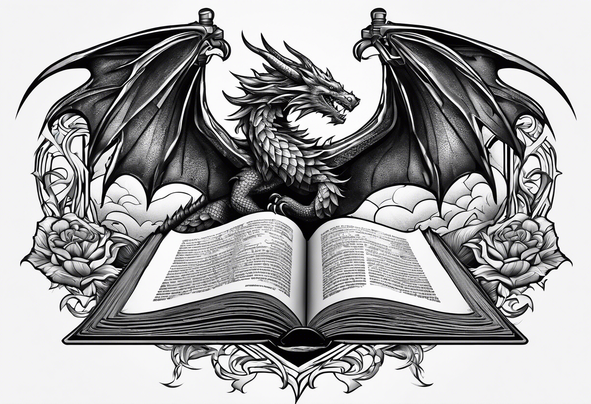 an empty open book with a sword through it, dragonwings and sparks surrounding the book. tattoo idea