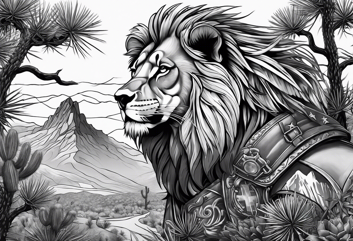 Sleeve tattoo
With 
Arizona flag 
Lion
Street glide Harley motorcycle 
Winding rode with cactus on one side and pine trees on the other 
Mountain 
Vanitas tattoo idea