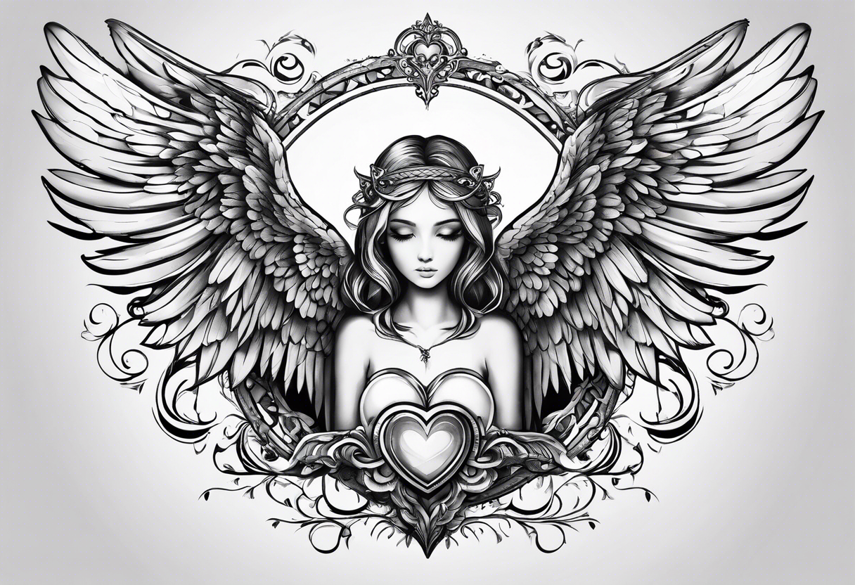 small angel with wings and heart on hands tattoo idea