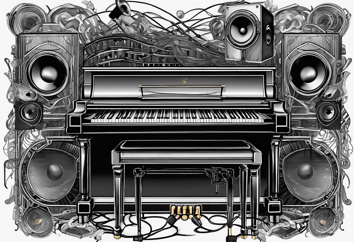 Piano, drums, guitar, speakers, headphones, cassette tapes, woven and interconnected by lines and cables. tattoo idea