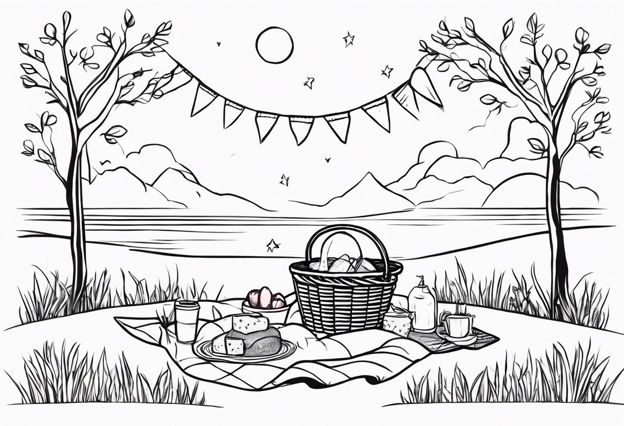 Very light and minimalstic picnic scene on meadow. A blanket, picnic-basket with lid, pillows and pennants. Thin lines. tattoo idea