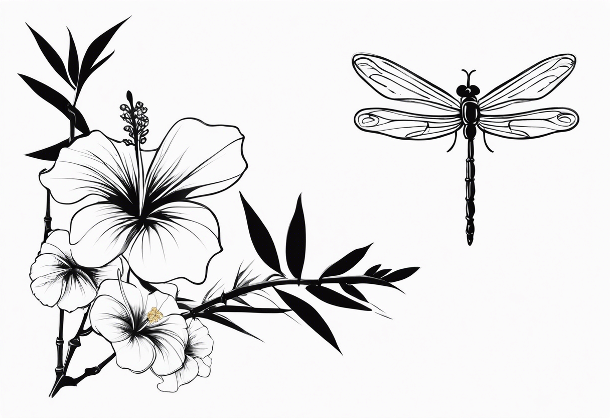 bamboo branch, monstera leaf, hibiscus flower, small barbed wire dragonfly tattoo idea