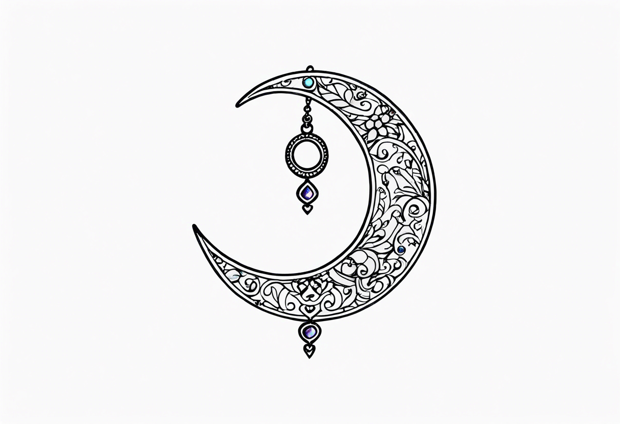 Crescent moon with heart shaped jewels dangling from the bottom of it tattoo idea