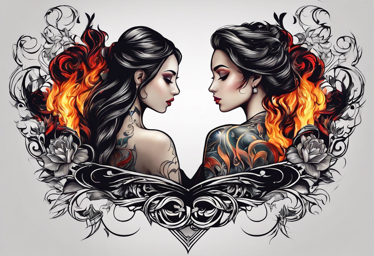 In thiele sfumato. A girl with an empty heart and a guy with a burning heart. They stand back to back tattoo idea