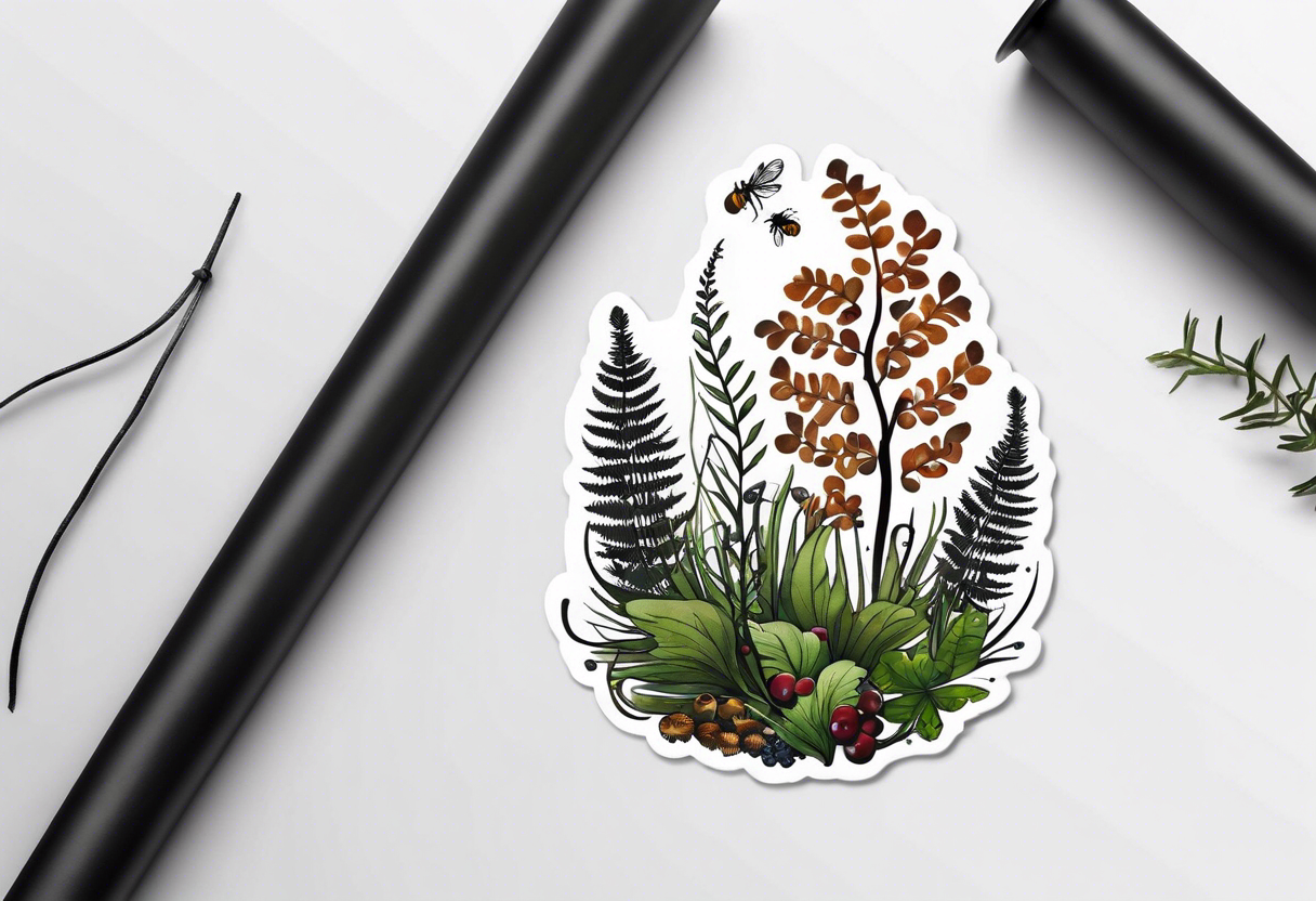 forest floor inspired minimalist tattoo, which includes grass, curly ferns, moss and dead leaves as the bulk of the tattoo. details to include: forest berries, a tiny bumblebee flying nearby, three small brown mushrooms
Generate a vertically long one tattoo idea