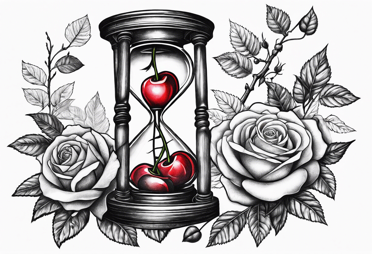 Rose beside hourglass with cherry tree inside tattoo idea