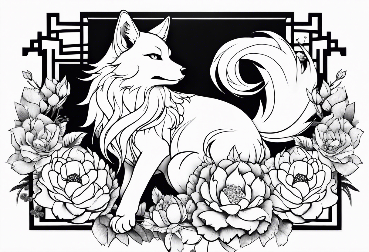 kitsune anime stiyle whit flowers tattoo idea