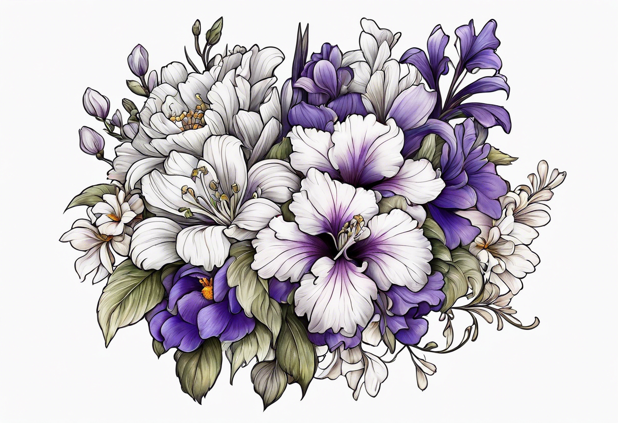 Flower bouquet filled with violets, irises and chrysanthemums tattoo idea