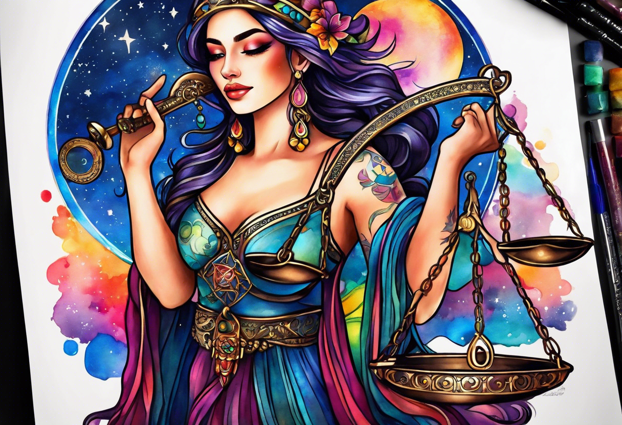 Libra woman holding scales with a night zodiac background including a half moon that encircles half of the woman with vibrant colors tattoo idea