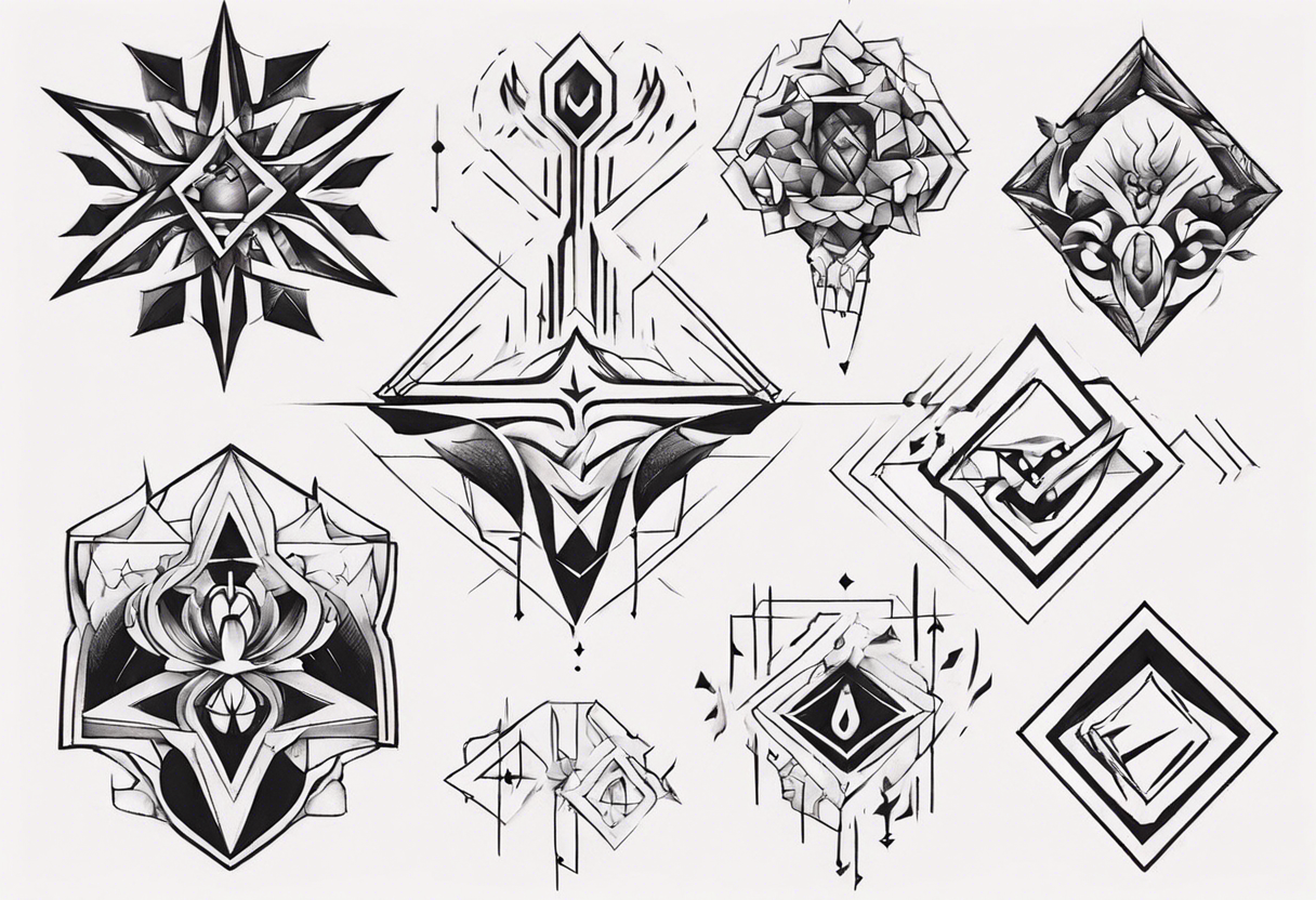 I'm looking for a geometric or abstract tattoo design to cover my existing chest tattoo. Use bold lines and unique shapes to create a visually appealing and modern look tattoo idea