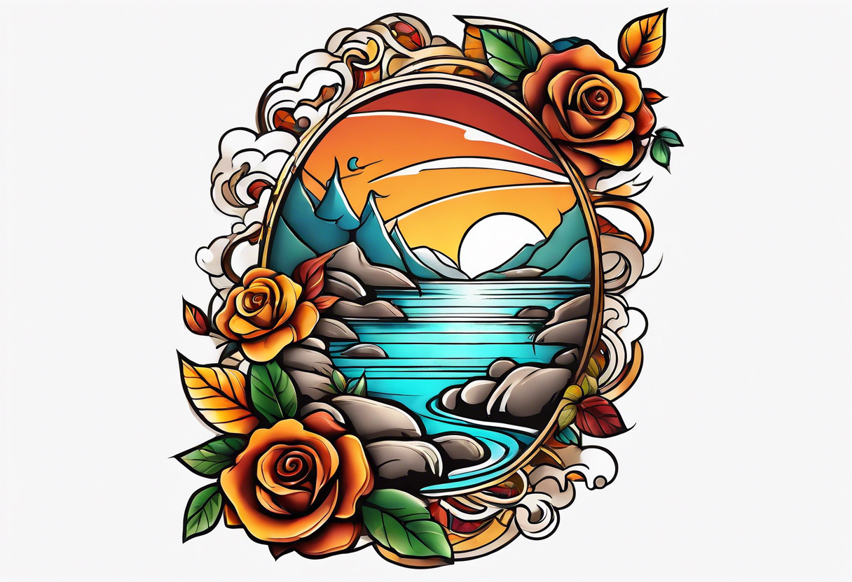 thigh tattoo in fall colors, showing water flow, rocks, sky, clouds, leaves, roses tattoo idea