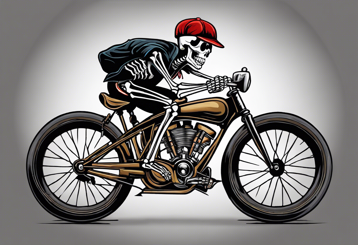 skeleton wearing licra and cap rides a racing bicycle. The skeleton is grinning at the viewer. There is no background image tattoo idea